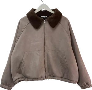 ASOS Brown Suedette Zip Through Jacket With Borg UK M