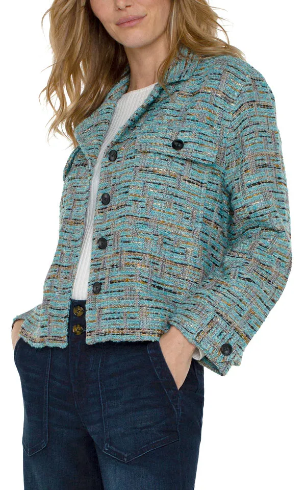 Baylor Button Front Boxy Shacket in Ocean Boucle - Liverpool Los Angeles LM1B17BC1