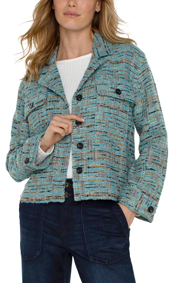 Baylor Button Front Boxy Shacket in Ocean Boucle - Liverpool Los Angeles LM1B17BC1
