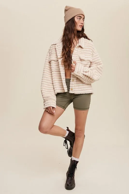 Casual Loose Fit Button Up Plaid Fleece Shacket