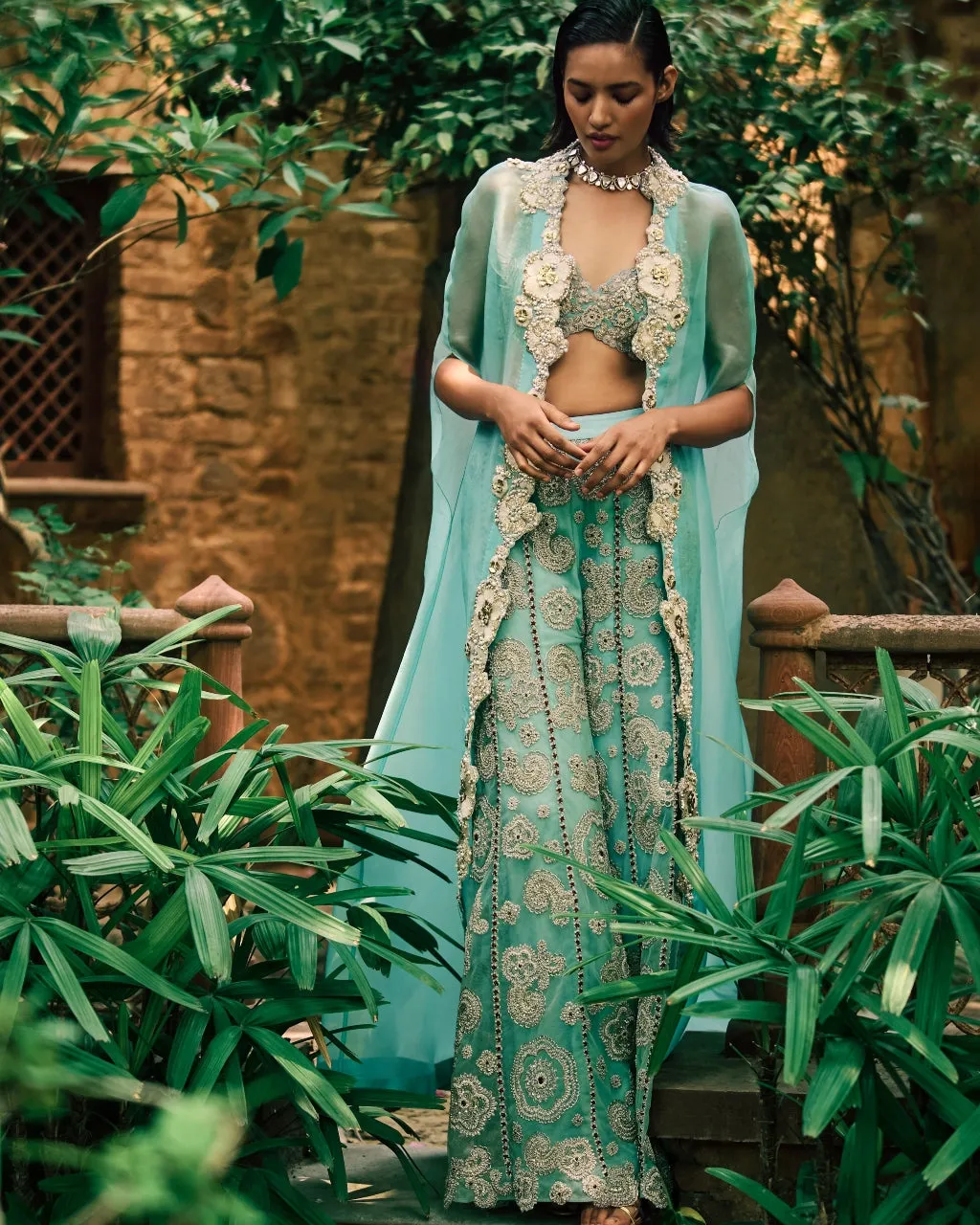 Coral Blue Cape And Pants Set