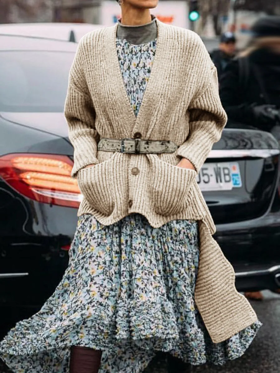 Fashion Casual Long-sleeved Solid Color Irregular Sweater Cardigan