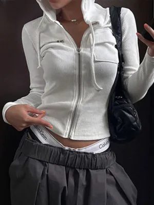 Fashionkova White Zip Up Hooded Jackets Women Solid Ribbed Basic Long Sleeve Autumn Tops Chic Pockets Design Casual Sweats Shirts