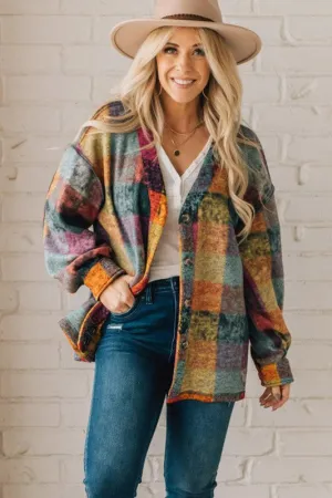 Mustard Red Long Sleeve Loose Fit Plaid Button Shacket