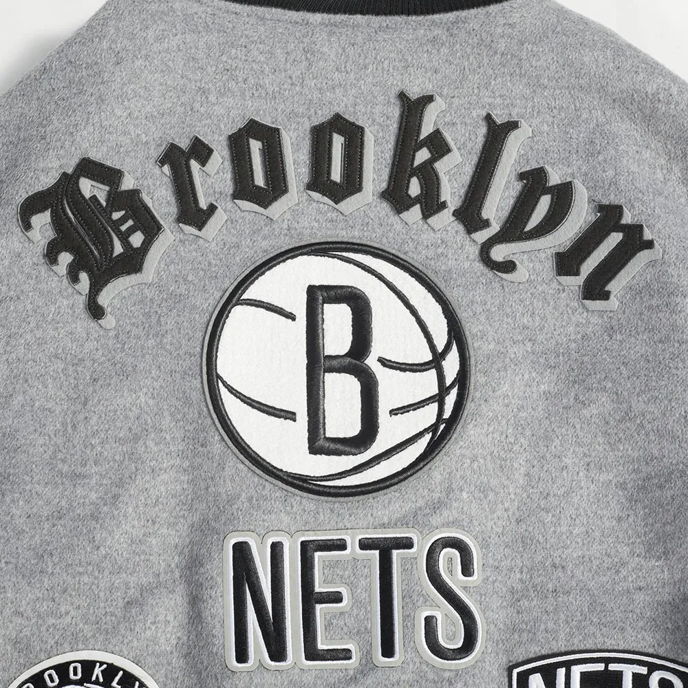 NBA BROOKLYN NETS OLD ENGLISH MEN'S RIB WOOL VARSITY JACKET (HEATHER GREY/WHITE/BLACK)
