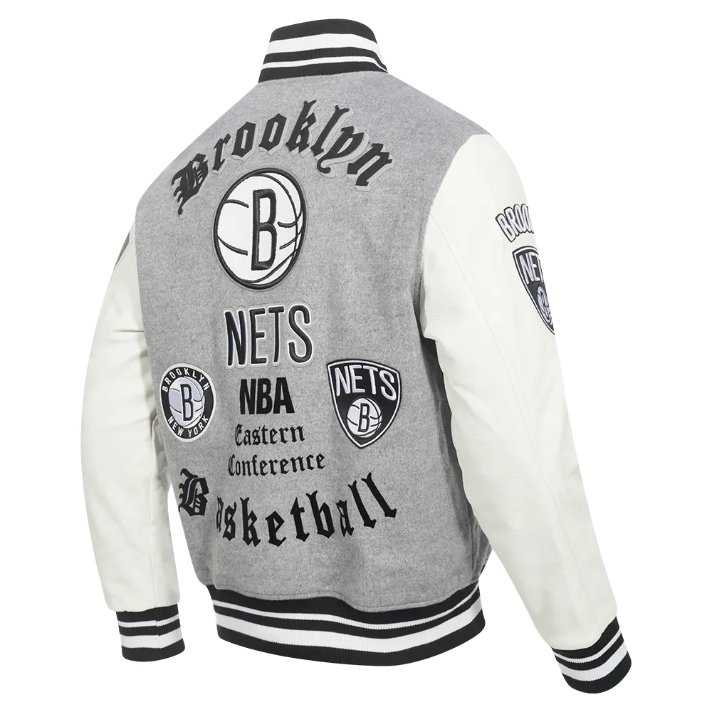 NBA BROOKLYN NETS OLD ENGLISH MEN'S RIB WOOL VARSITY JACKET (HEATHER GREY/WHITE/BLACK)