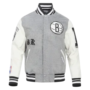 NBA BROOKLYN NETS OLD ENGLISH MEN'S RIB WOOL VARSITY JACKET (HEATHER GREY/WHITE/BLACK)