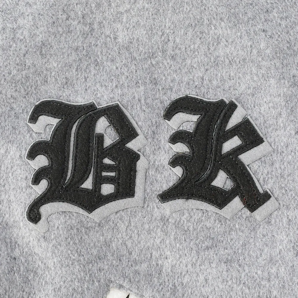 NBA BROOKLYN NETS OLD ENGLISH MEN'S RIB WOOL VARSITY JACKET (HEATHER GREY/WHITE/BLACK)