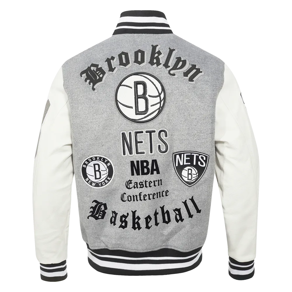 NBA BROOKLYN NETS OLD ENGLISH MEN'S RIB WOOL VARSITY JACKET (HEATHER GREY/WHITE/BLACK)