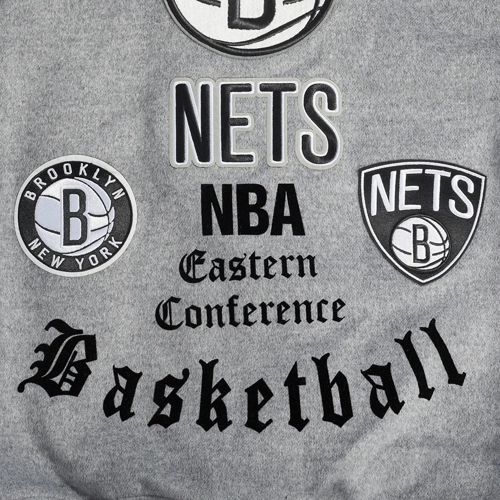 NBA BROOKLYN NETS OLD ENGLISH MEN'S RIB WOOL VARSITY JACKET (HEATHER GREY/WHITE/BLACK)