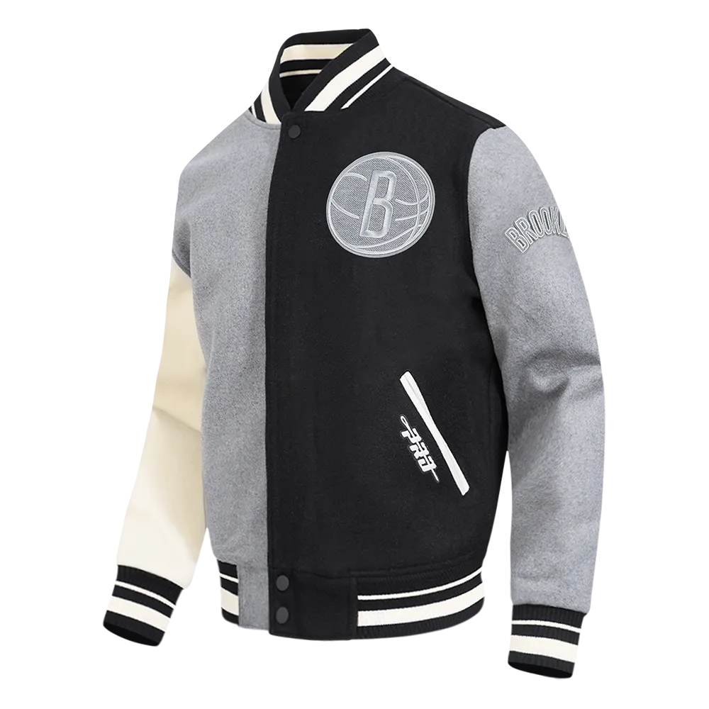 NBA BROOKLYN NETS REVERSE FRENCH TERRY MEN'S COLOR BLOCK WOOL VARSITY JACKET (BLACK/GRAY/EGGSHELL)