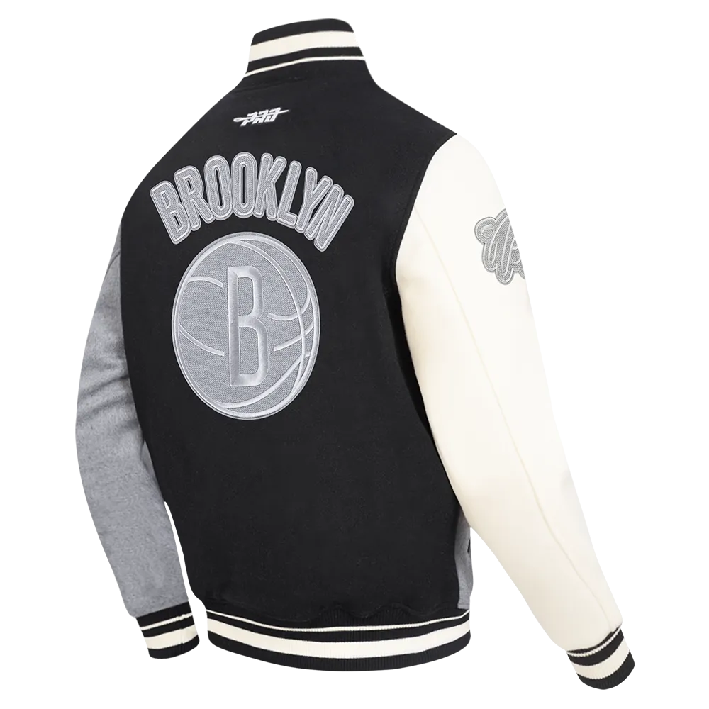 NBA BROOKLYN NETS REVERSE FRENCH TERRY MEN'S COLOR BLOCK WOOL VARSITY JACKET (BLACK/GRAY/EGGSHELL)