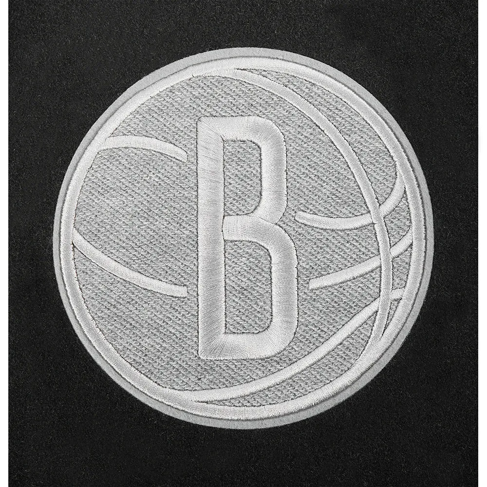 NBA BROOKLYN NETS REVERSE FRENCH TERRY MEN'S COLOR BLOCK WOOL VARSITY JACKET (BLACK/GRAY/EGGSHELL)