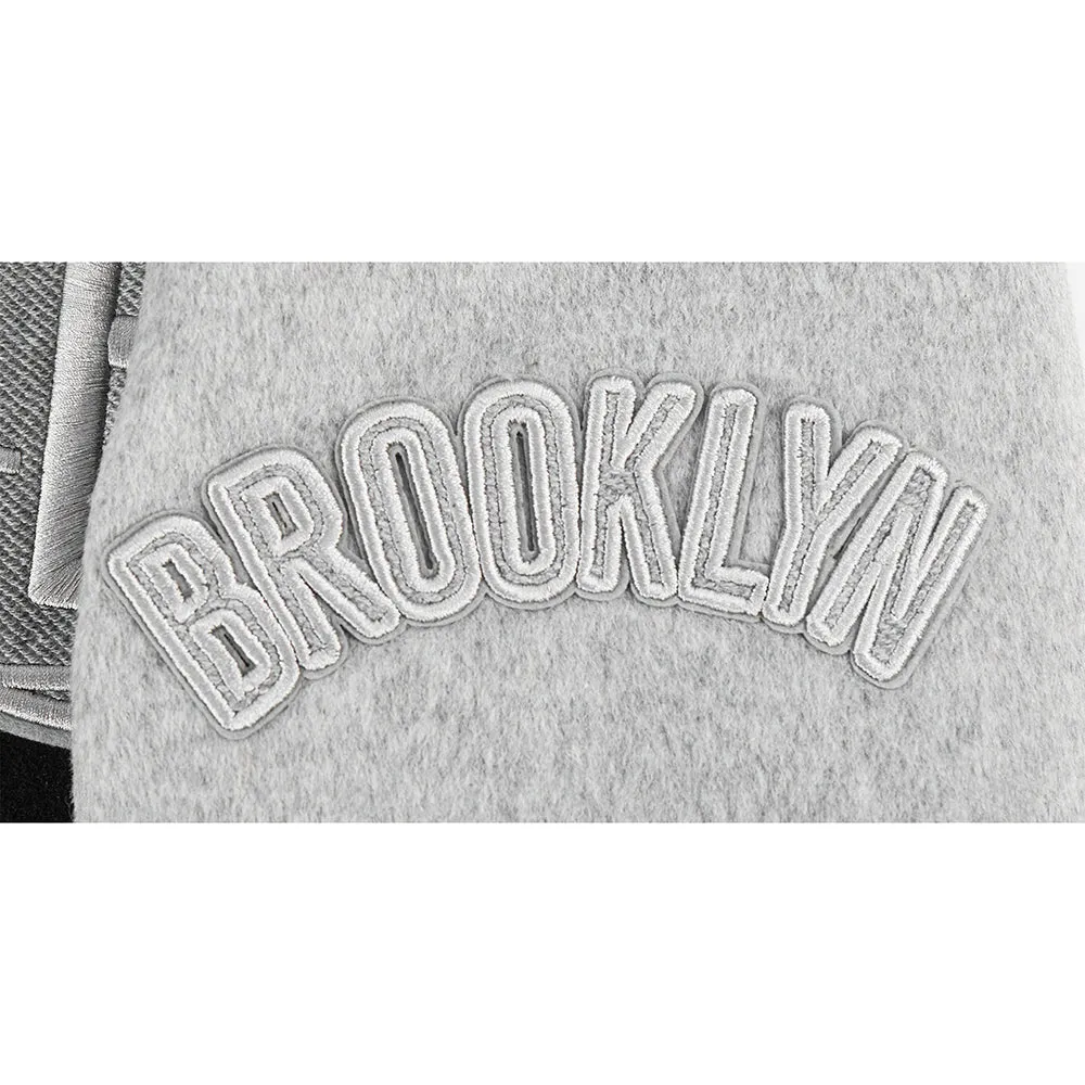 NBA BROOKLYN NETS REVERSE FRENCH TERRY MEN'S COLOR BLOCK WOOL VARSITY JACKET (BLACK/GRAY/EGGSHELL)