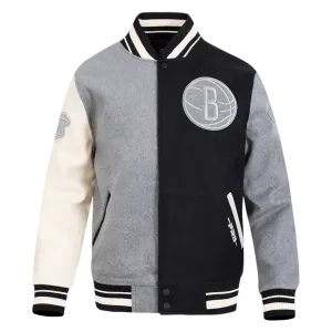 NBA BROOKLYN NETS REVERSE FRENCH TERRY MEN'S COLOR BLOCK WOOL VARSITY JACKET (BLACK/GRAY/EGGSHELL)