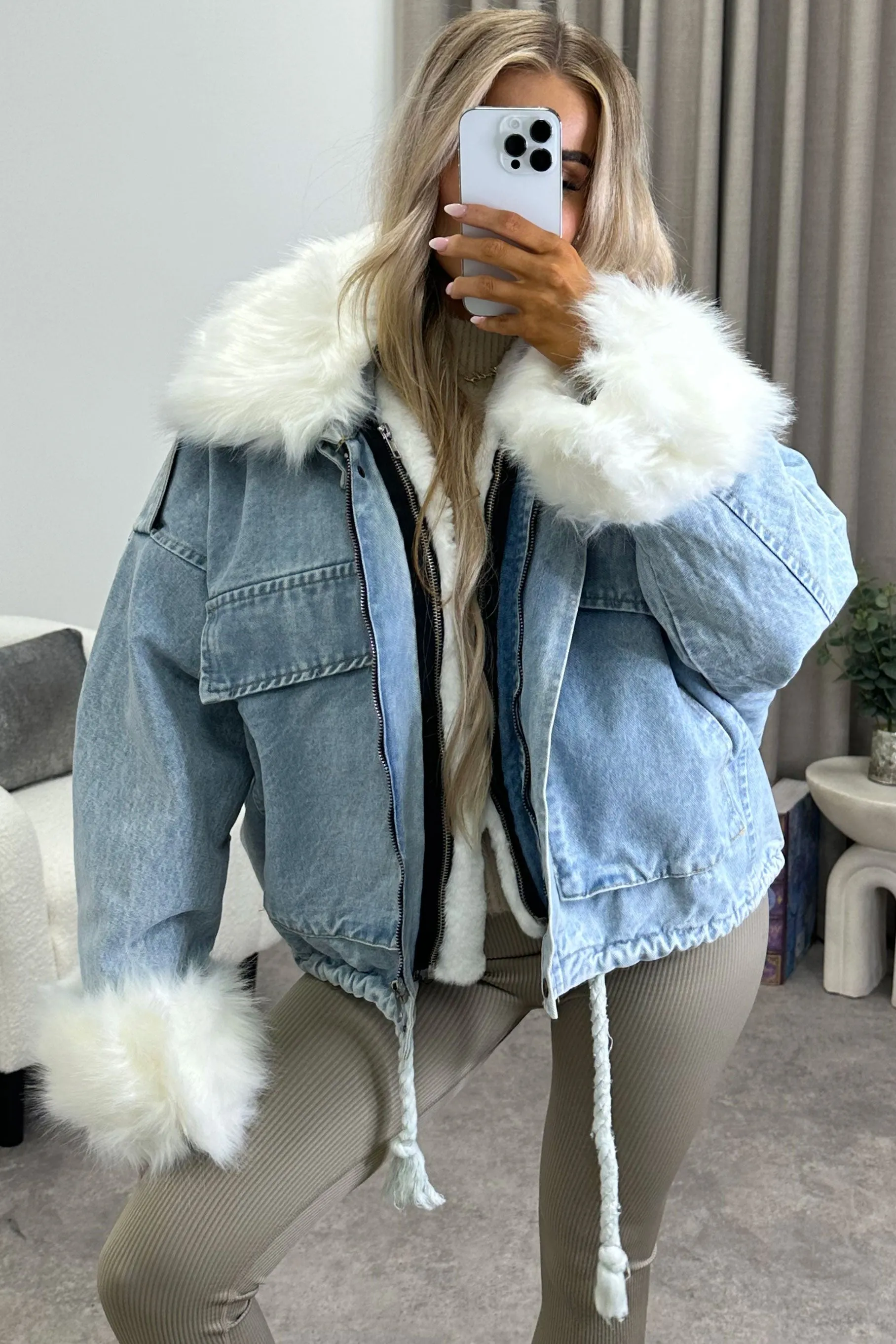 Ophelia Blue Denim With White Faux Fur Jacket