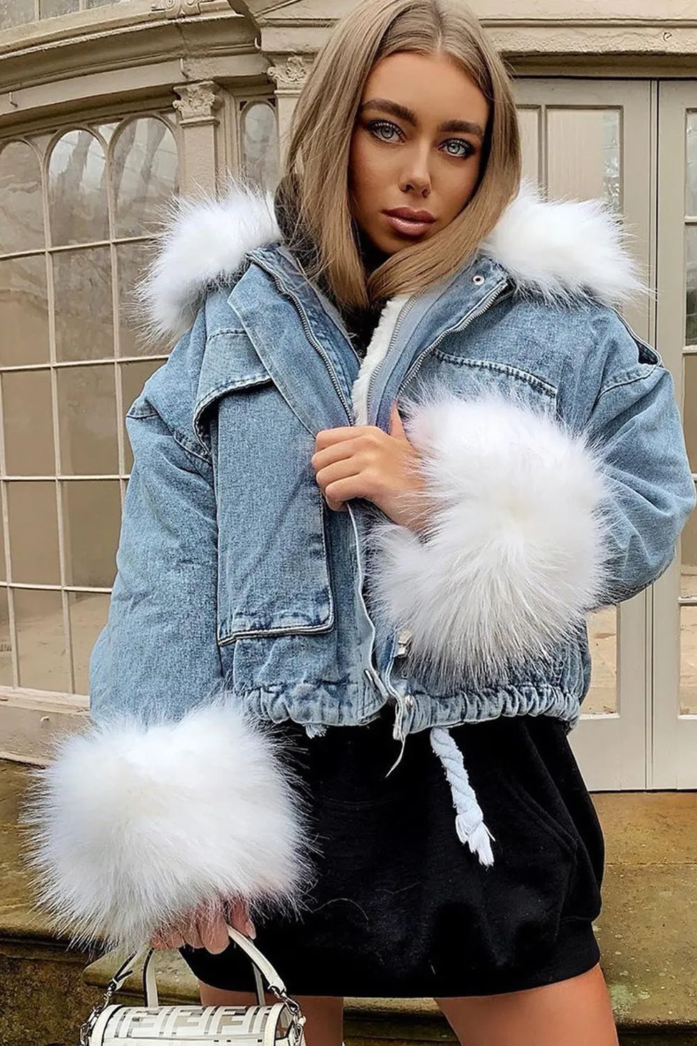 Ophelia Blue Denim With White Faux Fur Jacket