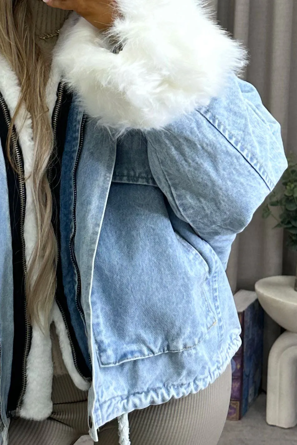 Ophelia Blue Denim With White Faux Fur Jacket