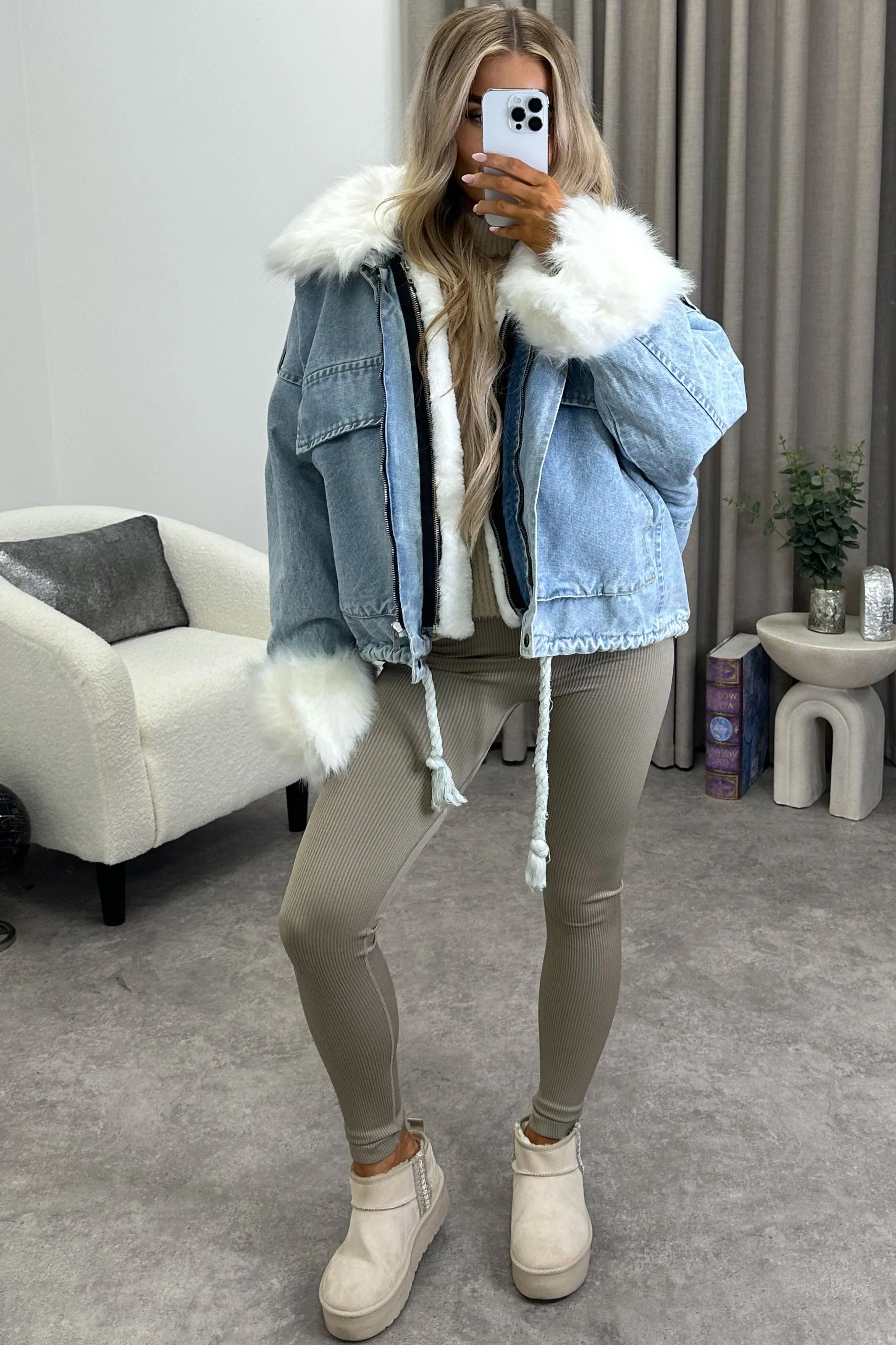 Ophelia Blue Denim With White Faux Fur Jacket