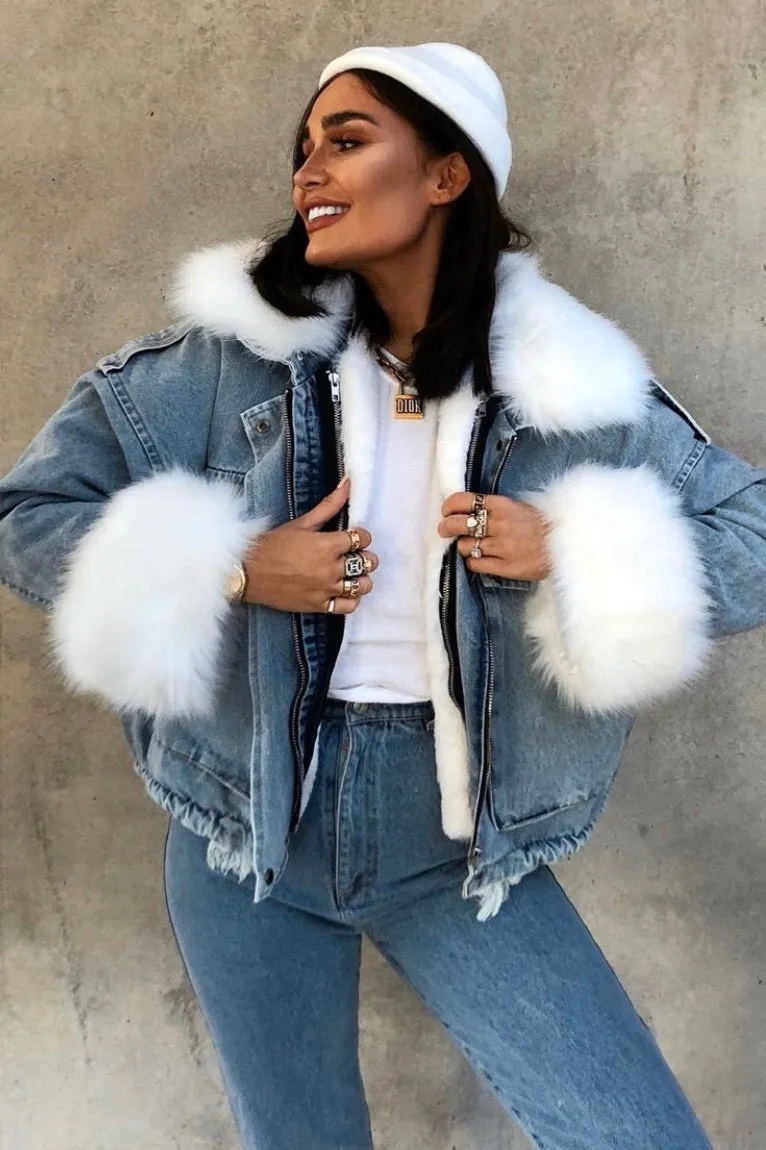 Ophelia Blue Denim With White Faux Fur Jacket