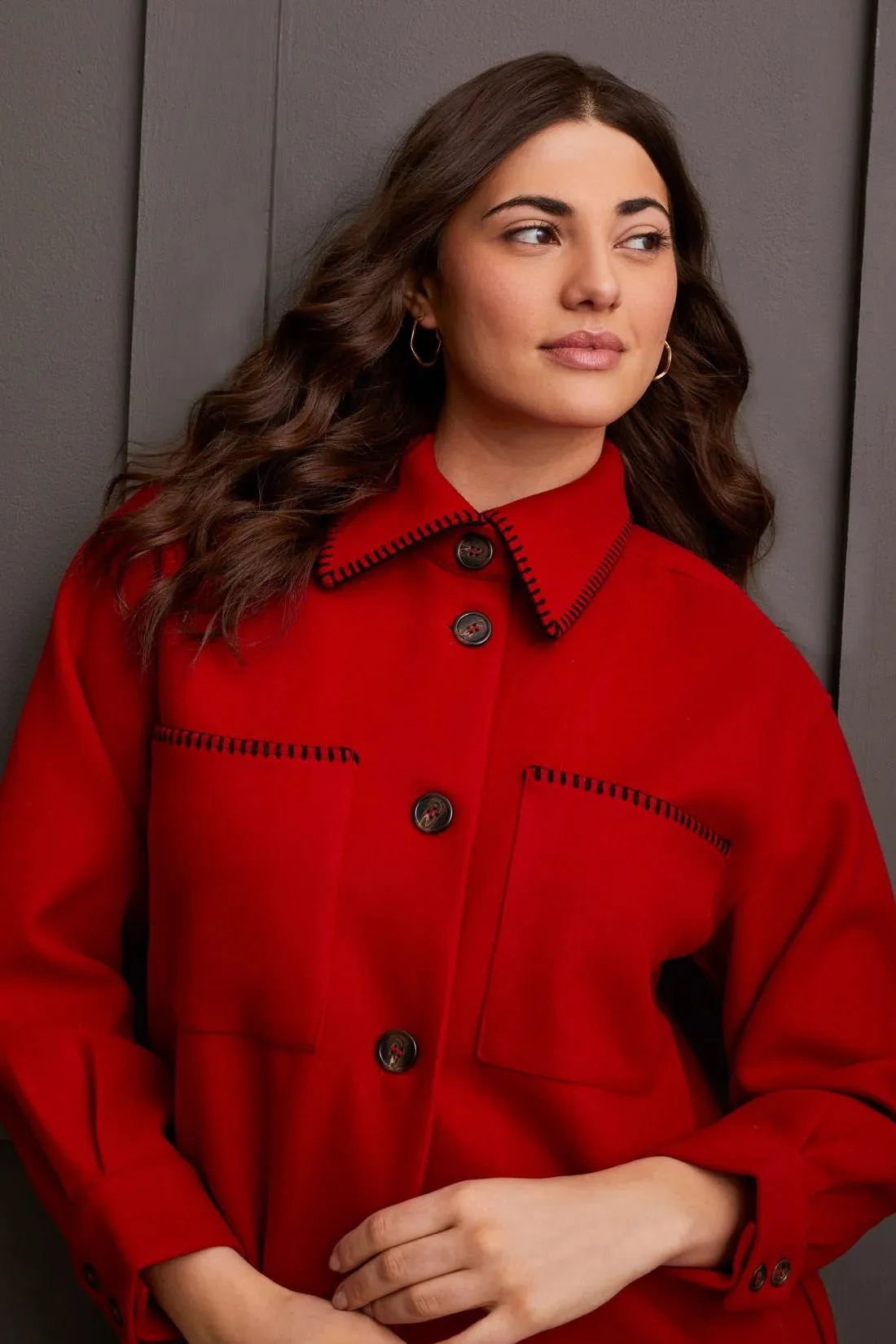 Tri 1864O  Button-Up Jacket with Blanket Stitching