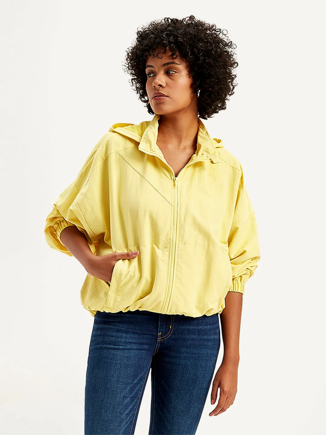 Women's Solid Yellow Hooded Windcheater Jacket