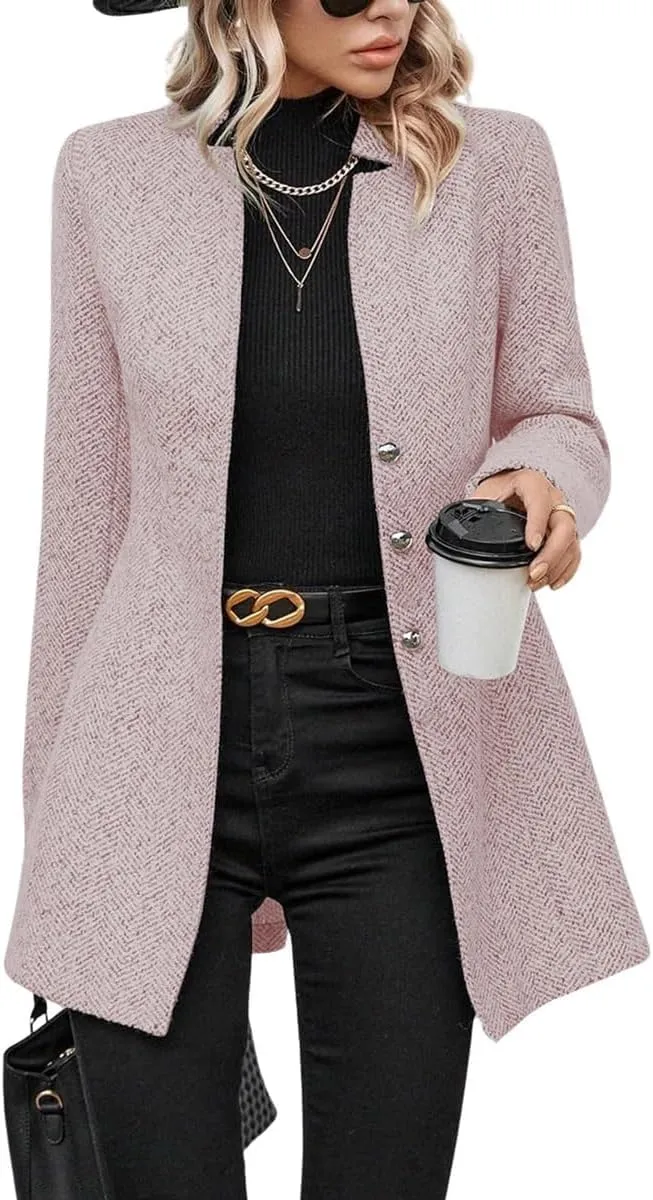 yoeasy Women's Stand Collar Single Breasted Pea Coat Casual Wool Blend Mid Long Trench Coat Winter Jackets