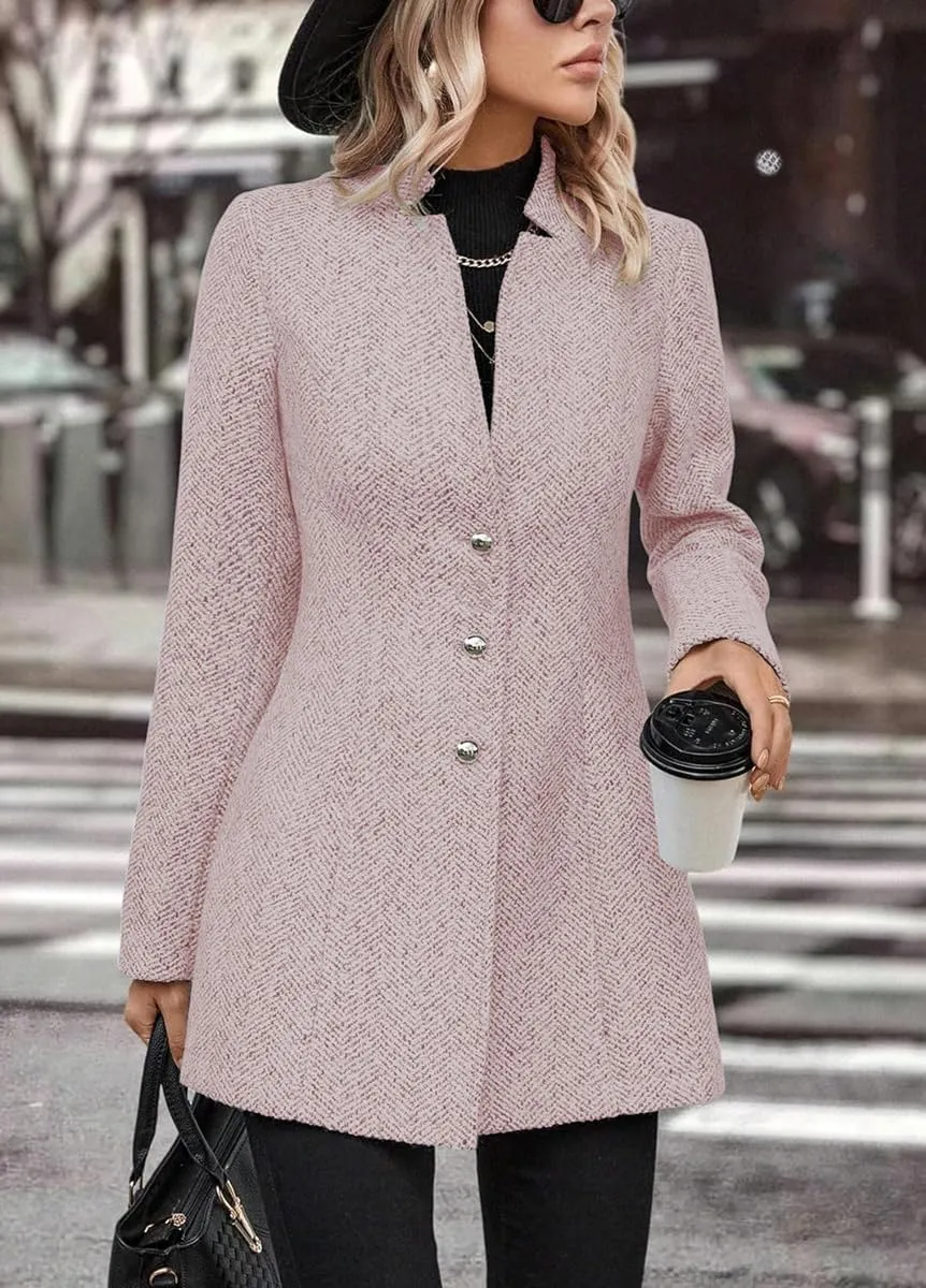 yoeasy Women's Stand Collar Single Breasted Pea Coat Casual Wool Blend Mid Long Trench Coat Winter Jackets