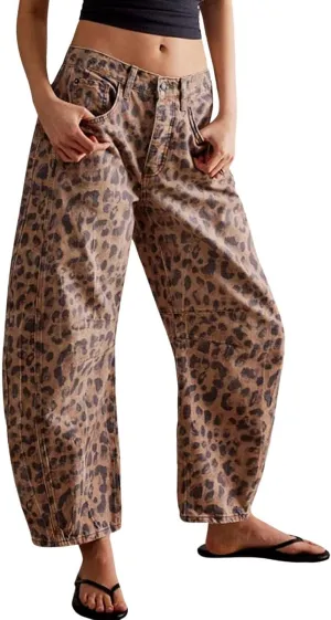 ZOCANIA Leopard Print Denim Pants for Womens Baggy Jeans Barrel Pants Boyfriend Mid Rise Wide Leg Harem Pants Ankle Pants Casual Loose Fall Trousers Pants,2XL